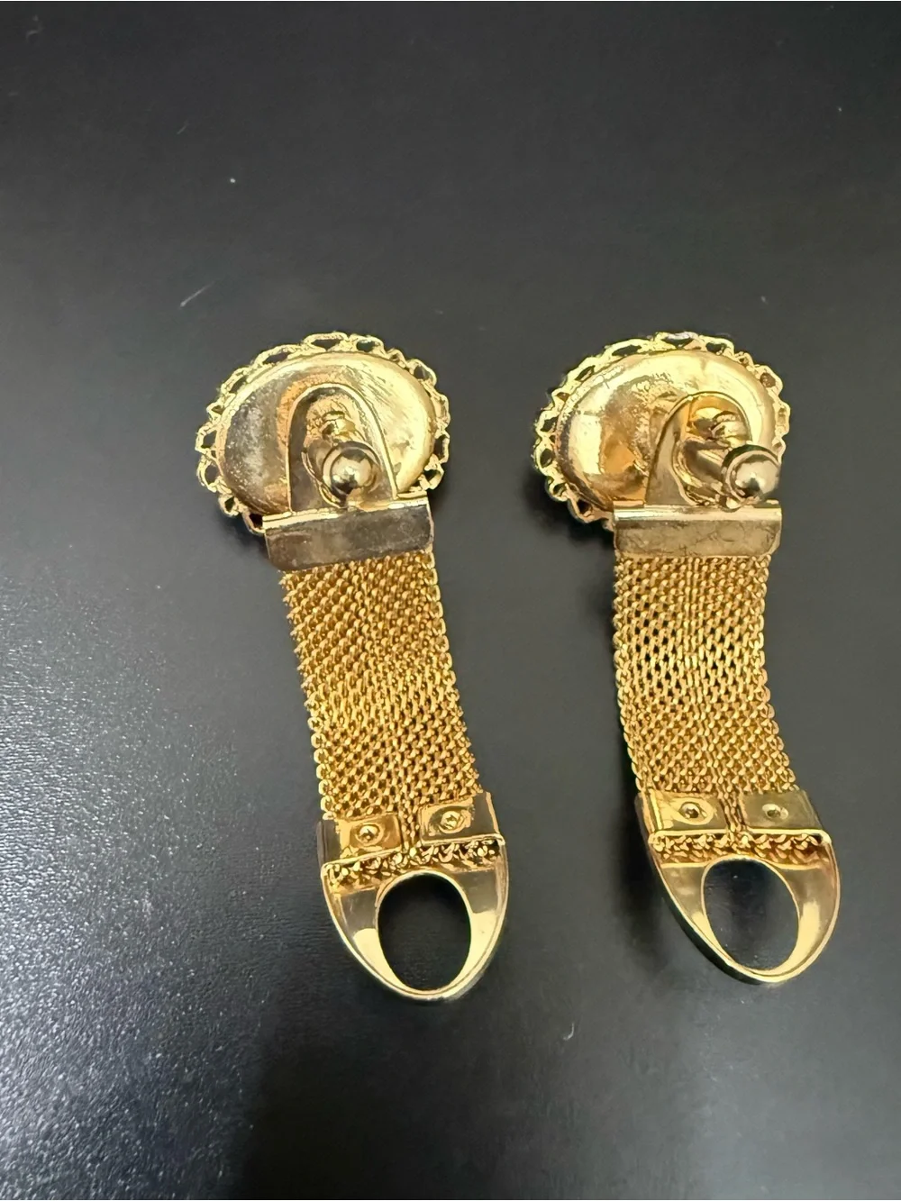 Vintage ANSON Gold-tone Faux Jade Green Stone Cabochon Mesh Cufflinks